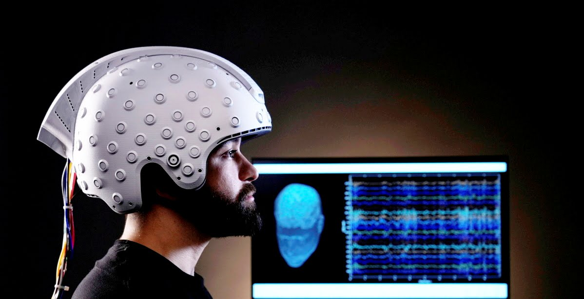 A participant wearing the brain.space Brain Sensei dry EEG headgear